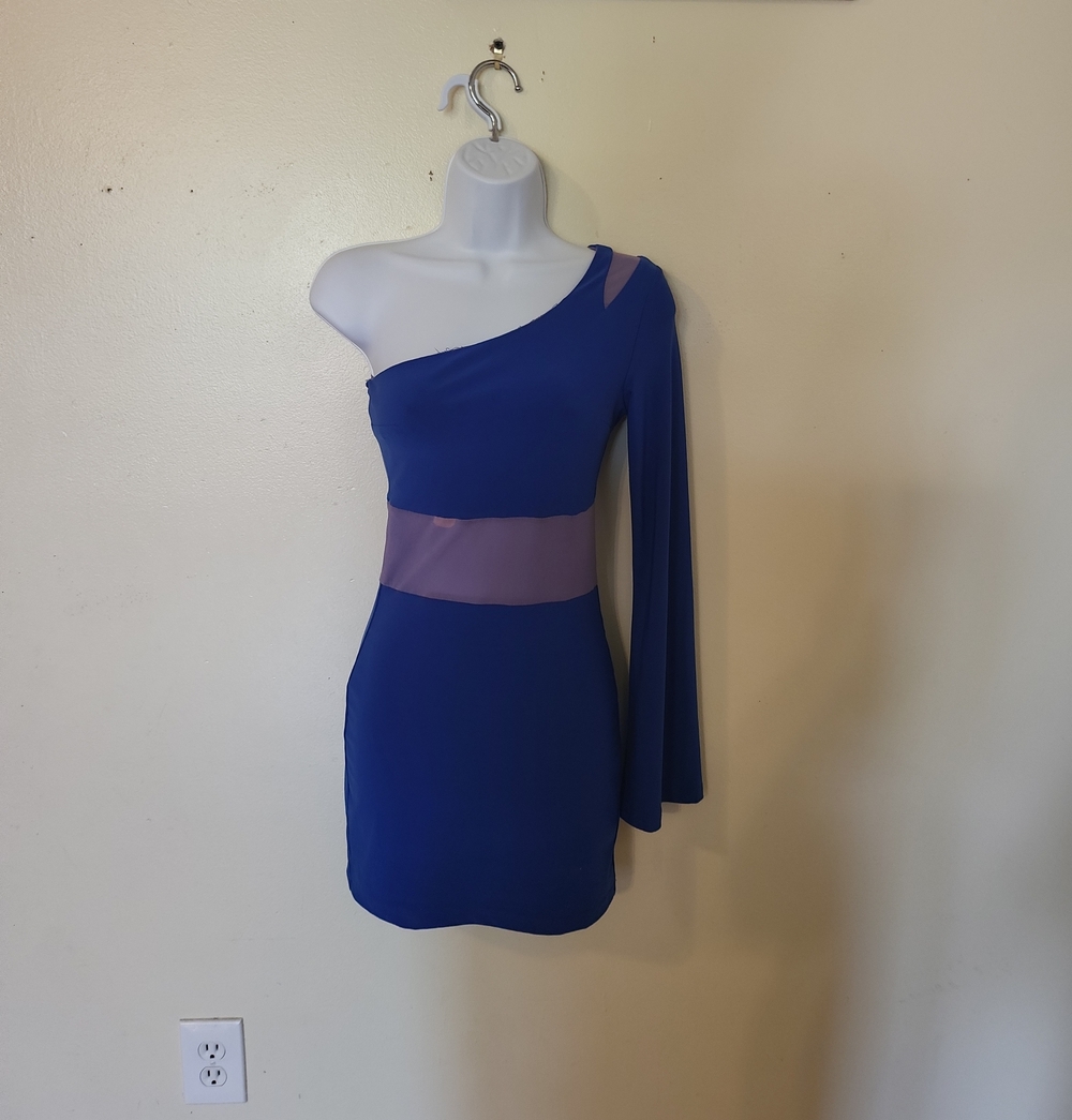 One-Shoulder Royal Blue Mini Dress with Mauve Waistband